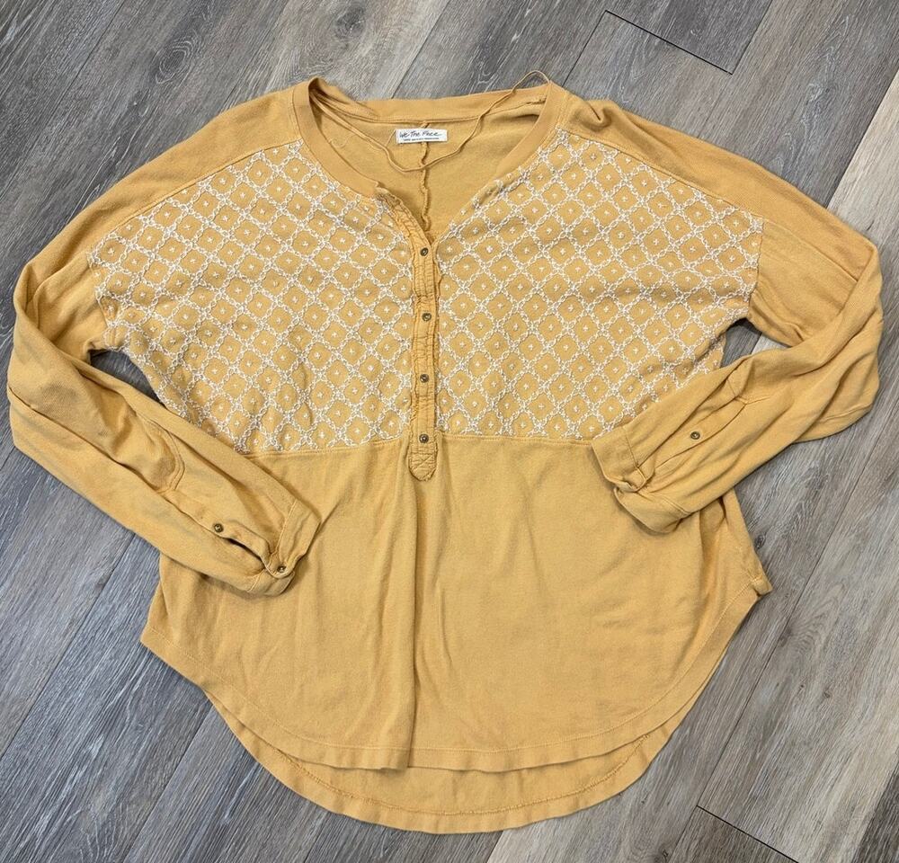 We The Free Womens Large Mustard Embroidered Henley Boho Long Sleeve Top